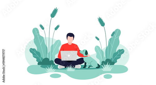 Man sitting outdoors with laptop surrounded by lush green plants and leaves in nature