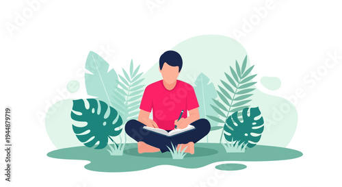 A man sits cross-legged outdoors reading a book among tropical leaves.