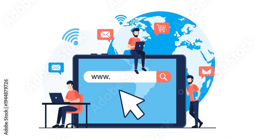 People interact with a large computer displaying a search bar on a globe background