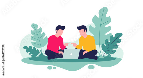 Two men sitting outdoors having a conversation surrounded by large green leaves