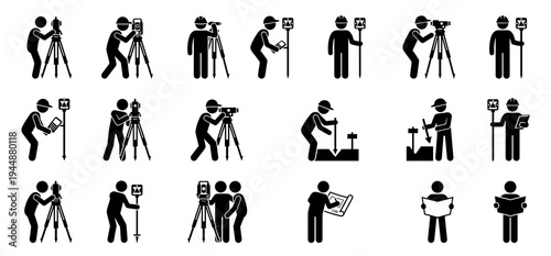 Black silhouette land surveyor vector pictogram set illustrating engineers operating total station, reading maps, and measuring terrain for construction and topographic surveying.