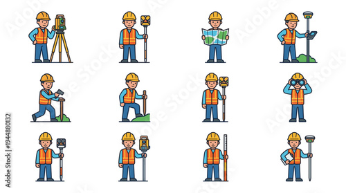 Cartoon land surveyor vector icon set featuring construction workers using total station, map, and leveling tools in safety vests and hard hats for topographic mapping projects.