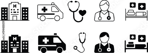 hospital medical icons outline and solid set for healthcare ui