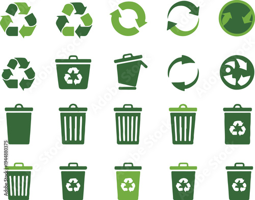 recycling icon set with symbols and trash bin vectors