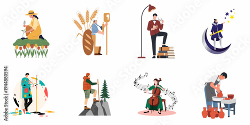 Set of flat vector illustrations depicting various hobbies and activities like gardening, baking, reading, astronomy, painting, hiking, music, and pottery.