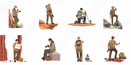 Set of diverse nature photographers and hikers exploring outdoor landscapes with cameras, gear, and maps in a flat vector illustration style.