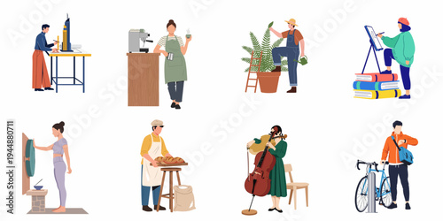 Flat Illustration Set of People Engaged in Diverse Hobbies and Professional Activities Like Architecture, Baking, Music, Gardening, and Art