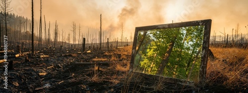 Burned forest landscape with a framed green woodland scene after wildfire damage, climate change concept showing deforestation, ecological loss, environmental contrast, and recovery