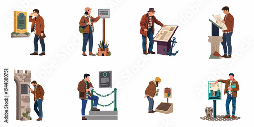Set of flat vector illustrations featuring diverse people exploring historical sites, reading information plaques, and learning about local heritage and culture.