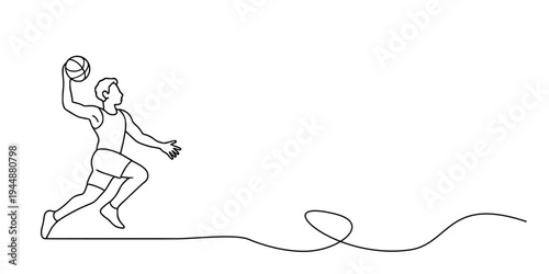 Basketball Player Line Drawing	Minimalist continuous-line drawing of a basketball player jumping with one arm raised holding the ball and the other arm extended forward, capturing dynamic motion