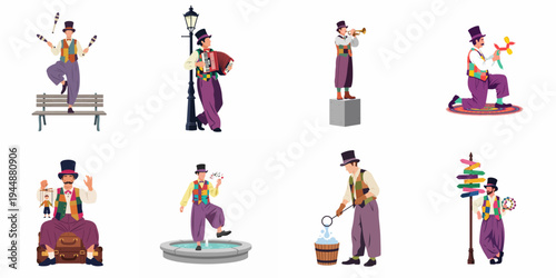 Flat vector illustrations of a versatile street performer and circus entertainer showcasing various acts like juggling, music, magic, and puppetry.