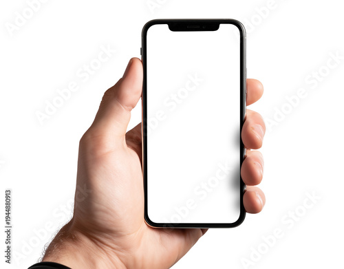 Segurando o celular nas mãos com a tela voltada para a câmera.