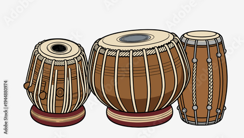 Detailed colored vector illustration of traditional Indian percussion musical instruments featuring a realistic tabla set and a wooden dholak drum for cultural music designs.