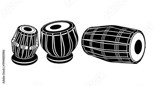 Black and white silhouette vector illustration of traditional Indian musical instruments featuring a classic tabla set and a dholak drum for classical music design projects.