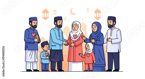 A Muslim family in traditional attire shakes hands and celebrates Eid together with smiles, conveying a joyful and happy mood in a vector illustration