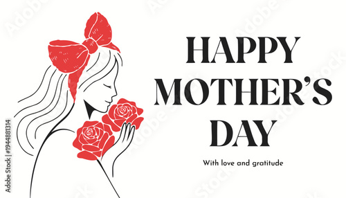 Minimal Mother Line Art With Roses Poster Vector Illustration