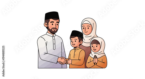 A Muslim family of four, a man, woman, and two children, shake hands and celebrate Eid together with smiles on their faces