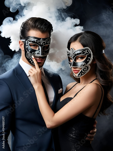Sexy man and woman in mask in smoke background