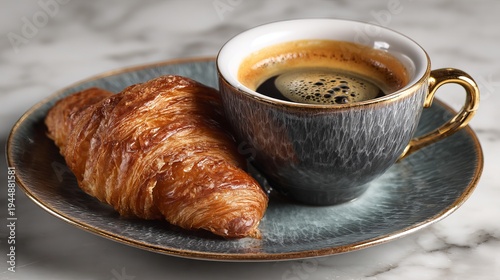 Warm croissant and rich espresso sit together for a close-up look.
