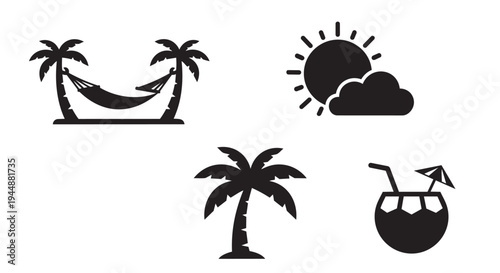 Black silhouettes of tropical icons including palm trees, hammock, sun, cloud, and cocktail