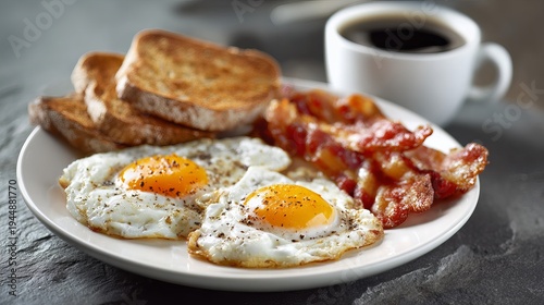 Fried eggs, bacon, and toast on a white plate with coffee sat on stone.
