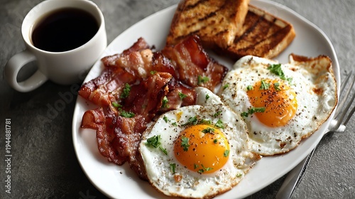 Fried eggs, bacon, and toast on a white plate with coffee sat on stone.
