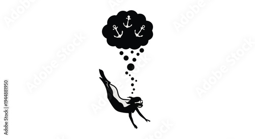 Black silhouette of a person jumping with a thought bubble containing anchors