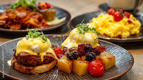 Breakfast plates offered Eggs Benedict, scrambled eggs, and a hearty English meal.