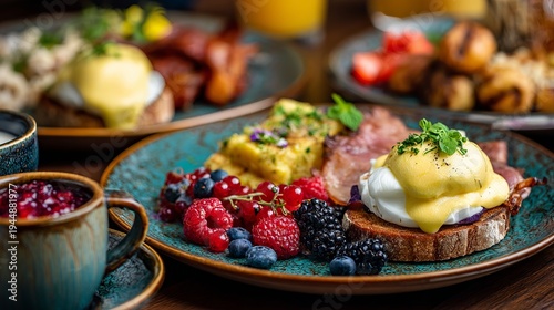Breakfast plates offered Eggs Benedict, scrambled eggs, and a hearty English meal.