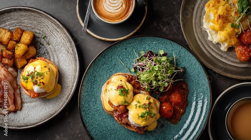 Breakfast plates offered Eggs Benedict, scrambled eggs, and a hearty English meal.