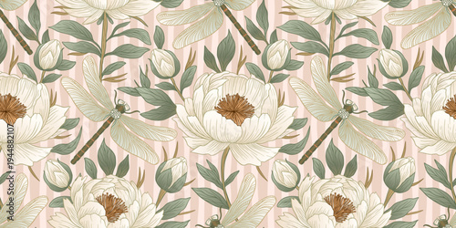 Vintage Peony And Dragonfly Seamless Floral Pattern Vector For Botanical Nature Design
