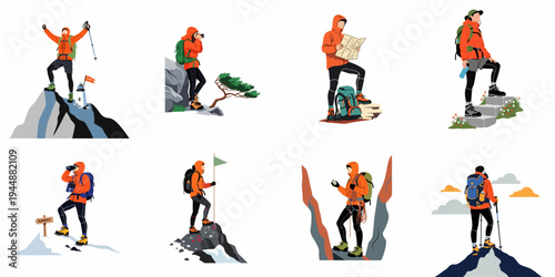 Set of flat vector illustrations of hikers and mountaineers in various activities like reaching the summit, using a map, and taking photos.