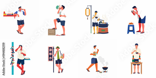 Collection of flat vector illustrations depicting various men enjoying diverse Asian street food and outdoor activities in a vibrant summer setting.