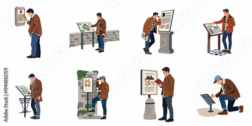 Set of illustrations of a male tourist exploring historical sites, reading information plaques, maps, and using binoculars at various landmark locations.