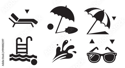Summer vacation icons featuring beach and pool symbols in black