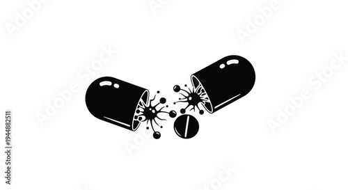 Black and white broken medicine pill capsule explosion