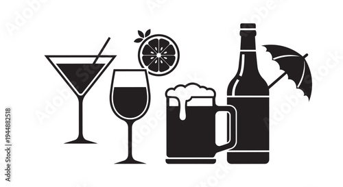 Black and white icons of various alcoholic beverages on a white background