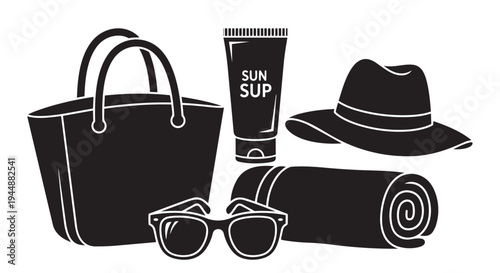 Black and white illustration of beach vacation accessories and essentials for a day at the beach outdoors