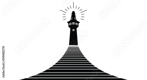 black and white lighthouse on striped hill illustration