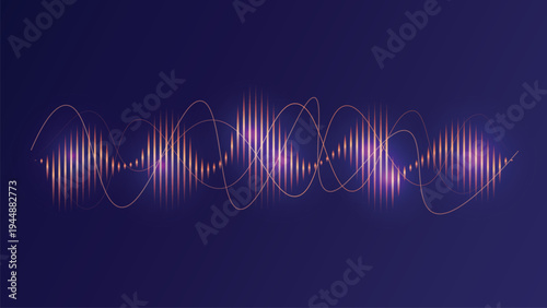 Abstract sound wave visualization with glowing vibrant colors and dynamic frequency spectrum on dark background, modern digital audio technology concept, music waveform graphic design