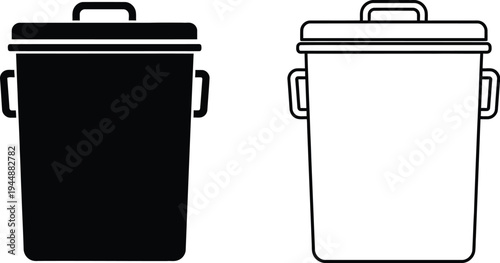 Black and white trash cans with lids isolated on transparent background, Vector