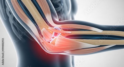 Human elbow joint with highlighted inflamed tendon in medical 3D illustration for health and anatomy