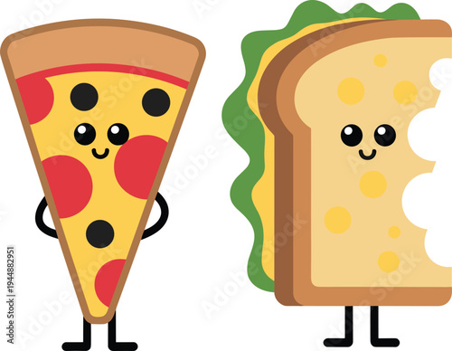 Cartoon pizza slice and sandwich characters with smiling faces, playful anthropomorphic food illustration for children, education