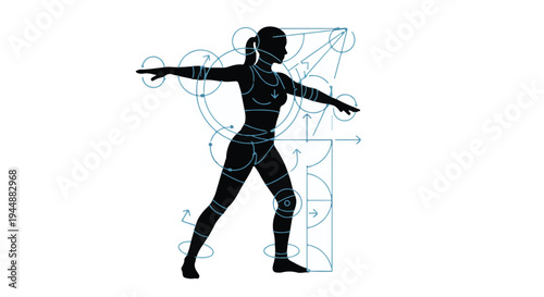 Black silhouette of a woman with blue body tracking lines for motion capture technology
