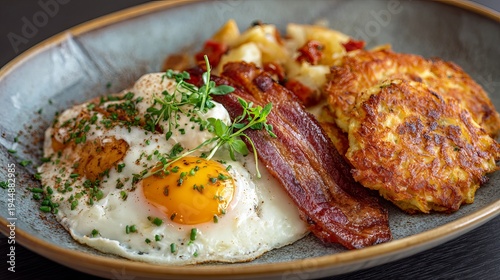 Fried eggs, crispy bacon, fluffy pancakes, and potato latkes are presented for a hearty morning meal, with attention on a specific part.
