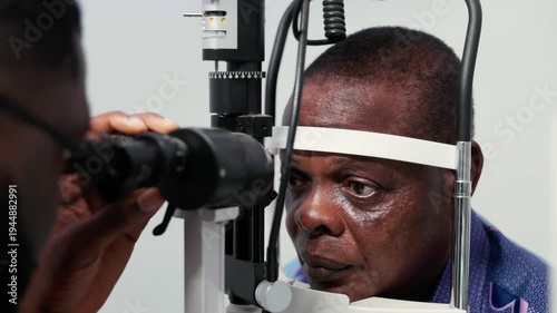 African senior patient undergoing vision care during an ophthalmology checkup with a slit lamp, close-up