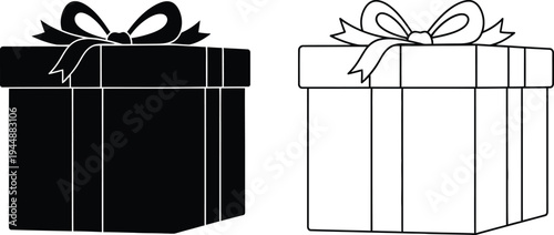 Black and white gift boxes with ribbons isolated on transparent background, Vector