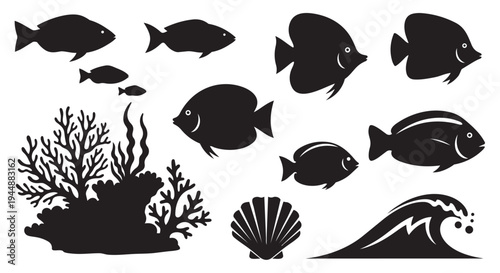 Black silhouettes of various fish and sea elements on a white background for design use