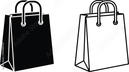 Black and white shopping bags isolated on transparent background, Vector