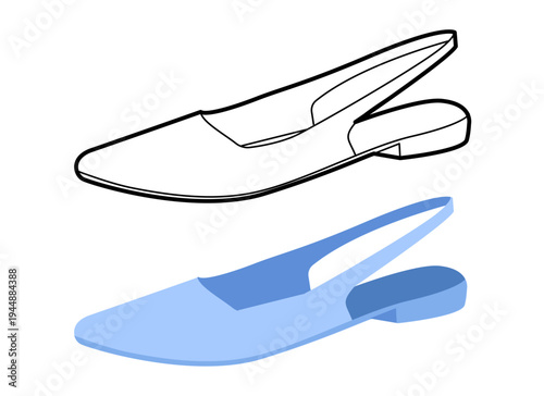 Blue slingback flat shoe women flat plus line set. Open back pointed toe footwear fashion catalog web project. Technical fashion illustration CAD mockup mixed vector man unisex isolated stylish style